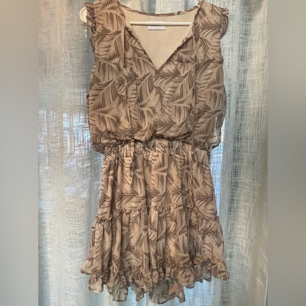 Adrienne Taupe Leaf-Print Tiered Midi Dress